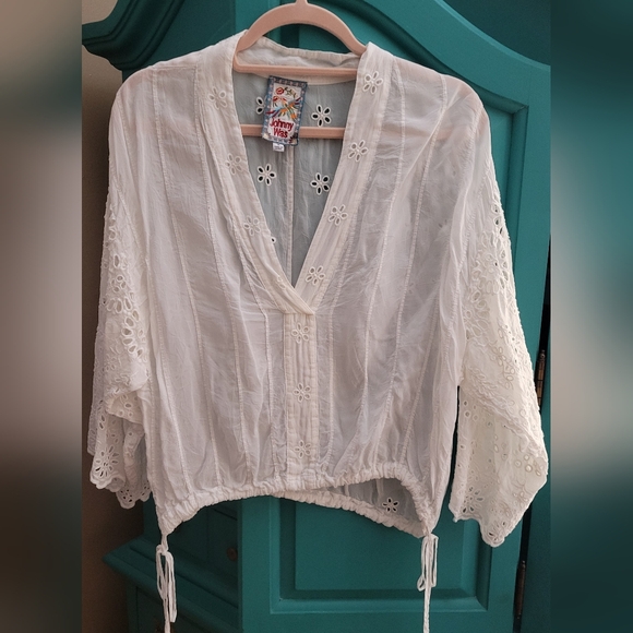 Johnny Was Tops - Johnny Was White Eyelet Cotton Peasant Blouse